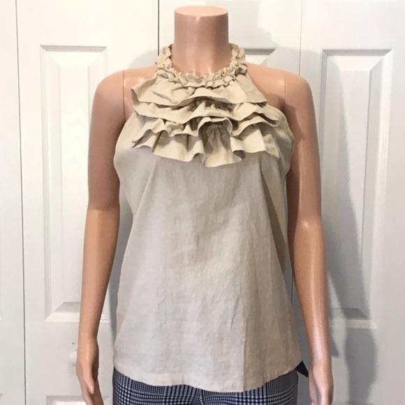 (2) Tweeds Womens Sleeveless Tan & Green Ruffled Linen Halter Tops Size Medium - Picture 2 of 7